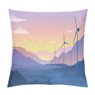 Personality  Mountain Ecology Landscape. Sustainable Wind Energy Turbines Silhouette With Pine Forest And Mountains. Vector Realistic Nature Pillow Covers
