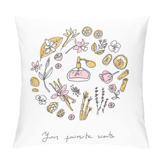 Personality  Perfume Recipe, Bottle And Ingredients. Doodle Round Vector Illustration. Simple Hand Drawn Style. Pillow Covers