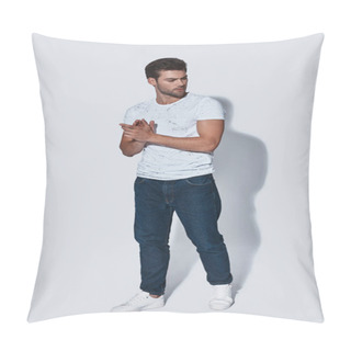 Personality  Handsome Young Man In Casual Wear Looking Away While Standing Against Grey Background Pillow Covers