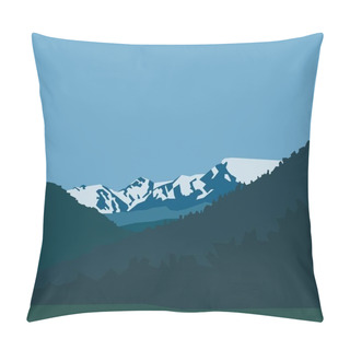 Personality  Beautiful Cartoon Landscape With A Snowy Mountain And The Forest Against Turquoise Clear Sky. Winter Rock Picks, Minimalism In Nature Pillow Covers