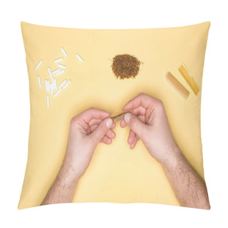 Personality  Cropped View Of Man Making A Cigarette Isolated On Yellow Pillow Covers