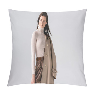 Personality  Beautiful, Elegant Girl Holding Trench Coat And Looking Away Isolated On Grey Pillow Covers