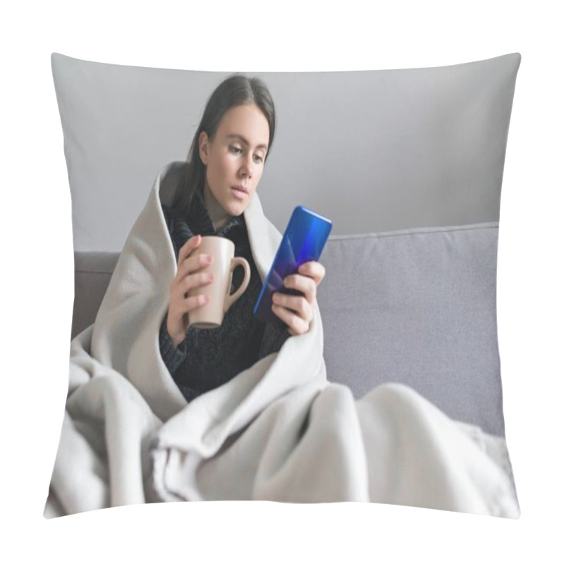 Personality  Young Woman With Cup, Smartphone, Sitting At Home On Sofa Under Warm Fleece Blanket, Copy Space Pillow Covers