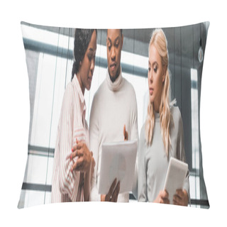 Personality  Panoramic Shot Of Young Multicultural Businesspeople Talking While Looking At Documents Pillow Covers