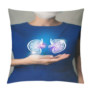 Personality  Woman In Blue Clothes Holding Virtual Kidneys In Hand. Handrawn Human Organ, Detox And Healthcare, Healthcare Hospital Service Concept Stock Photo Pillow Covers