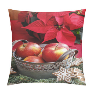 Personality  Silver Bucket Of Red Christmas Apples. Poinsettia Flower Pillow Covers