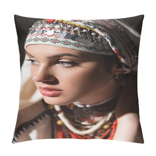 Personality  Portrait Of Young Ukrainian Woman In Traditional Headwear With Ornament And Red Beads On Black  Pillow Covers