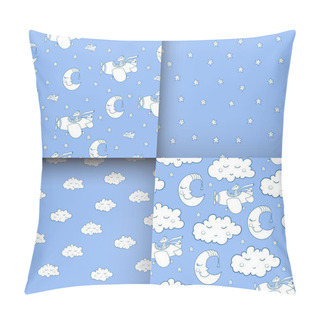 Personality Set Of Awesome Seamless Patterm With Cartoon Crescent, Stars, Clouds And Cute Fox Pilot On The Aircraft. For Textile, Fabric, Bedroom Interiors: Wallpaper, Pillow, Blanket, Pajamas. Good For Restful Sleep. Pillow Covers