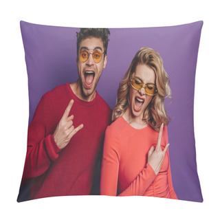 Personality  Excited Man And Woman Showing Rock Signs On Purple Background Pillow Covers
