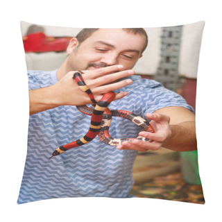 Personality  Boy With Snakes. Man Holds In Hands Reptile Milk Snake Lampropeltis Triangulum Arizona Kind Of Snake. Exotic Tropical Cold-blooded Animals, Zoo. Pets At Home Snakes. Poisonous And Non Poisonous Snake. Pillow Covers