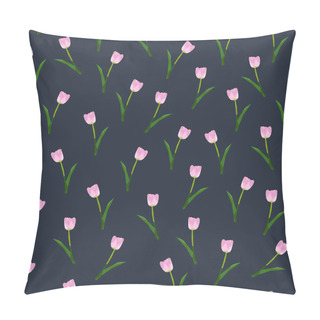 Personality  Low Poly Illustration. Pink Tiny Flowers On The Dark-blue Background. Vector Illustration. Pillow Covers
