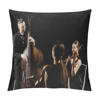 Personality  Trio Of Musicians Playing On Double Bass And Violins Isolated On Black Pillow Covers