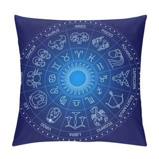 Personality  Circle Zodiac Symbol, Minimal Cartoon Style, Light Line On Dark Blue Background. Pillow Covers