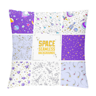 Personality  Set Of Seamless Space Backgrounds With Rockets, Planets, Asteroids, Comets, Meteors And Stars, Undiscovered Deep Cosmos Fantastic Textiles Fabric For Children, Endless Tiling Pattern, Vector. Pillow Covers