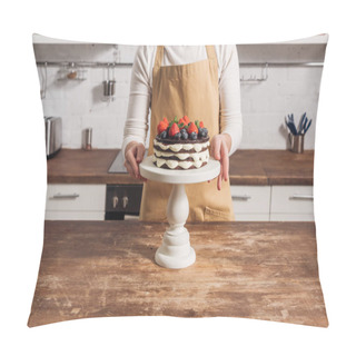 Personality  Cropped Shot Of Woman In Apron Preparing Delicious Cake With Berries In Kitchen Pillow Covers