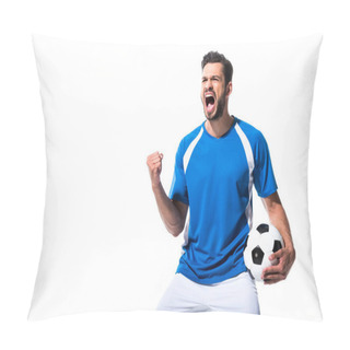 Personality  Excited Soccer Player With Ball And Clenched Hand Isolated On White Pillow Covers