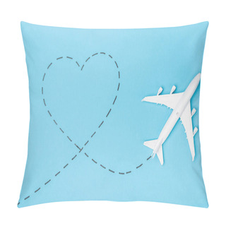 Personality  Top View Of White Plane Model And Heart On Blue Background Pillow Covers
