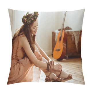 Personality  Young Woman In Boho Style Pillow Covers