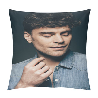 Personality  Handsome Stylish Man Posing In Jeans Shirt Isolated On Dark Grey Pillow Covers