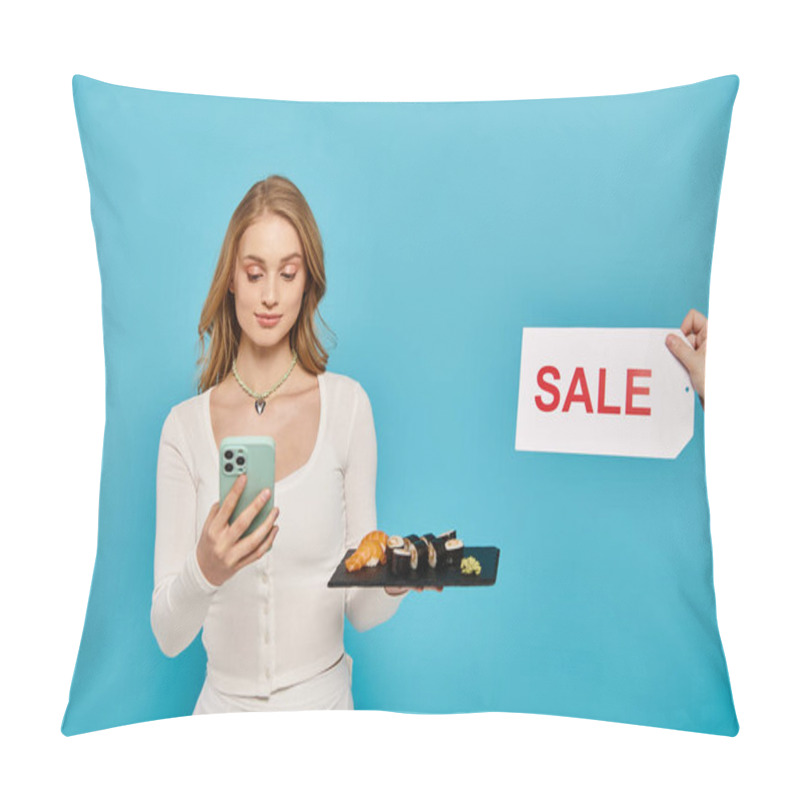 Personality  A Stylish Woman With Blonde Hair Checking Her Phone Next To A Sale Sign For Discounted Asian Food. Pillow Covers