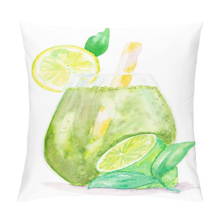 Personality  Lime Milkshake In A Glass Decorated With A Slice Of Lime, Mint And Drinking Straw Background Hand Drawn Illustration With Clipping Path Pillow Covers