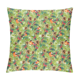 Personality  Spruce Tree Branches, Birds, Cones, Mistletoe. Christmas Seamless Background. Watercolor Pillow Covers