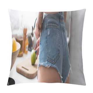 Personality  Cropped View Of Young Woman In Denim Shorts Cutting Apple, Banner Pillow Covers