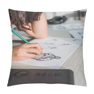 Personality  Cropped View Of Illustrator Drawing Storyboard On Paper  Pillow Covers