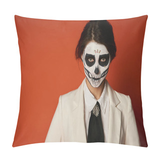 Personality  Scary Woman In Catrina Calavera Makeup And Festive Attire Looking At Camera On Red, Portrait Pillow Covers