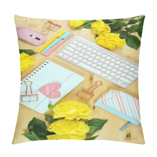Personality  Modern Feminine Desktop Home Office Workspace Blog Hero Header Flat Lay. Pillow Covers