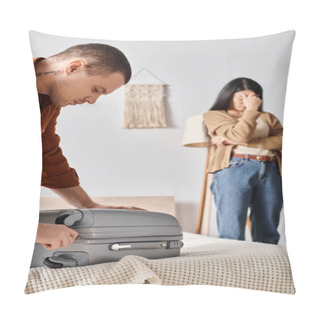 Personality  Young Man Packing Suitcase Near Depressed Asian Woman Crying In Bedroom At Home, Family Divorce Pillow Covers