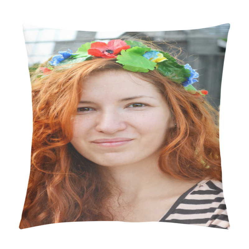 Personality  Beautiful Young Redhead With Flowers In Her Hair Woman Smiling Happily With A Mill At The Background Pillow Covers