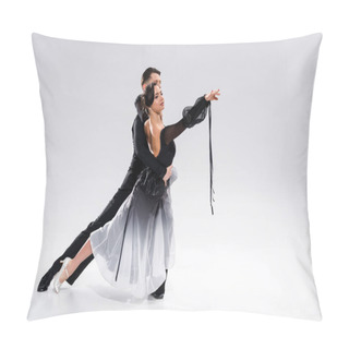 Personality  Elegant Young Couple Of Ballroom Dancers In Black Outfit Dancing On White Pillow Covers