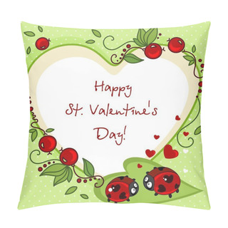 Personality  Design Of Cards For Valentine's Day In The Form Of A Heart. Drawing Two Ladybirds With Dots In The Eyes Of The Hearth And A Beautiful Ornament Around Them. Pillow Covers