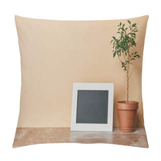 Personality  White Empty Photo Frame And Plant In Flowepot On Beige Background  Pillow Covers