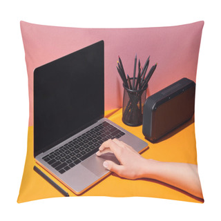 Personality  Cropped View Of Woman Using Laptop With Blank Screen Near Pencil Holder And Speaker Pillow Covers