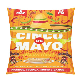 Personality  Cinco De Mayo Vector Flyer With National Mexican Symbols Sombrero Hat And Tequila In Glass Shot With Lime, Red Chili Japapeno Peppers Mariachis Playing Guitar. Cartoon Cinco De Mayo Fiesta Invitation Pillow Covers