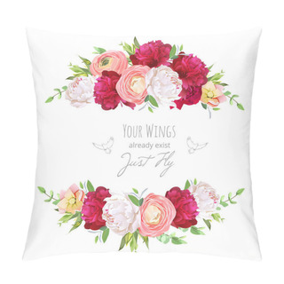 Personality  Burgundy Red And White Peonies, Pink Ranunculus, Rose Vector Des Pillow Covers