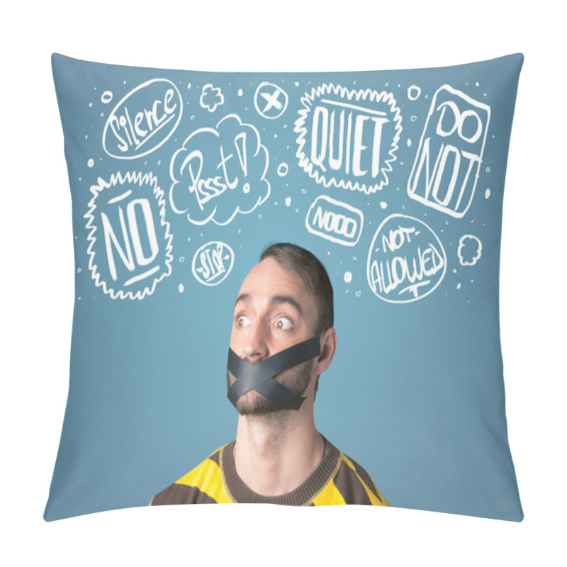 Personality  Young Man With Glued Mouth And Thought Clouds Pillow Covers