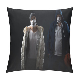 Personality  Studio On A Black Background Portrait Of Two Men In Masks With Basketball Pillow Covers