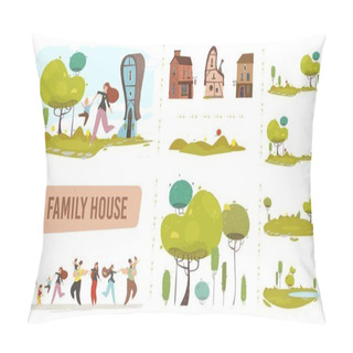 Personality  Farm Family House Set In Craft Trendy Flat Style Pillow Covers