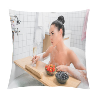 Personality  Sensual Woman Holding Glass Of Champagne Near Berries On Bathtub Tray  Pillow Covers