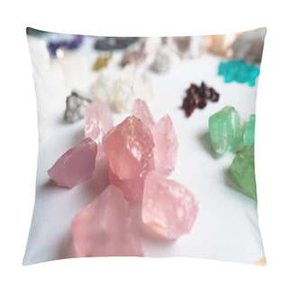 Personality  Collection Of Beautiful Precious Stones On White Table. Pillow Covers