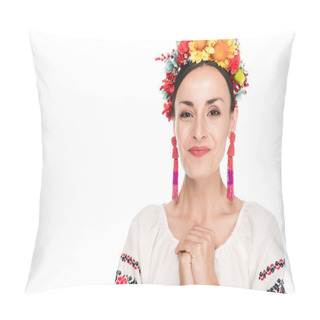 Personality  Happy Brunette Young Woman In National Ukrainian Embroidered Shirt And Floral Wreath Isolated On White Pillow Covers