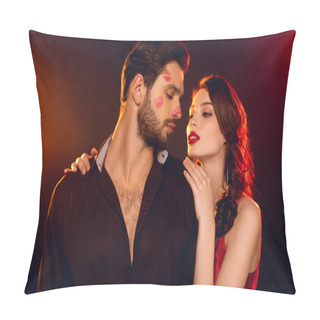 Personality  Beautiful Woman Hugging Handsome Boyfriend With Lipstick Prints On Face On Black Background With Lighting Pillow Covers