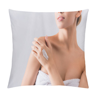 Personality  Cropped View Of Young Woman With Bare Shoulders And Cream On Hand On White Pillow Covers