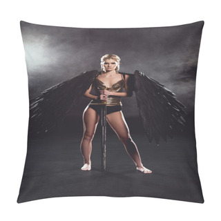 Personality  Beautiful Woman In Warrior Costume With Angel Wings Holding Sword, Looking At Camera And Posing On Black Smoky Background  Pillow Covers