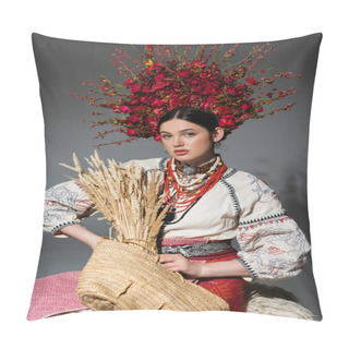 Personality  Pretty Ukrainian Woman In Traditional Clothes And Red Wreath With Berries Holding Bag With Wheat On Grey Pillow Covers