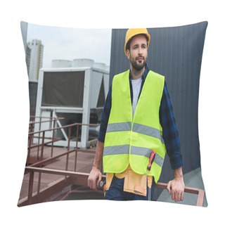 Personality  Male Architect In Safety Vest And Hardhat With Tool Belt Standing On Roof  Pillow Covers
