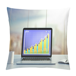 Personality  Laptop With Business Graph On The Screen With Cup Of Coffee And  Pillow Covers